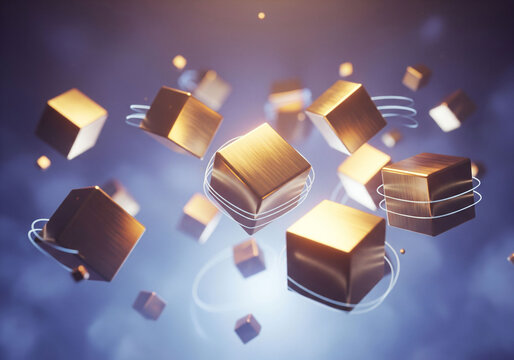 Golden cubes floating in futuristic space with glowing effects - Powered by Adobe