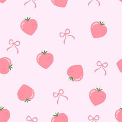 Seamless pattern of strawberry heart shape and ribbon bows on pink background.