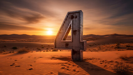 Large metallic number four sculpture stands in a vast desert landscape under a dramatic sunset sky