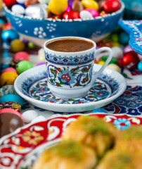 Turkish Coffee in the Colorful Candy and Chocolate, Ramadan Background Photo, Traditional Ottoman Desserts, Turkish Delight and Baklava, &Uuml;sk&uuml;dar Istanbul, Turkiye (Turkey)