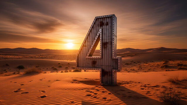 Large metallic number four sculpture stands in a vast desert landscape under a dramatic sunset sky