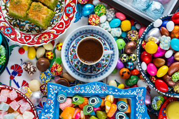 Turkish Coffee in the Colorful Candy and Chocolate, Ramadan Background Photo, Traditional Ottoman Desserts, Turkish Delight and Baklava, &Uuml;sk&uuml;dar Istanbul, Turkiye (Turkey)