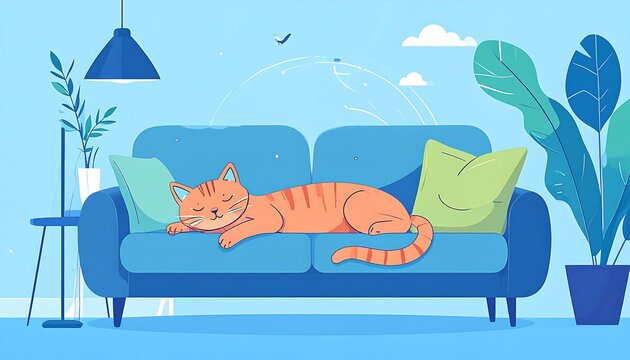 Cartoon of an orange tabby cat napping on a blue couch in a light blue room, with plants and a lamp - Powered by Adobe