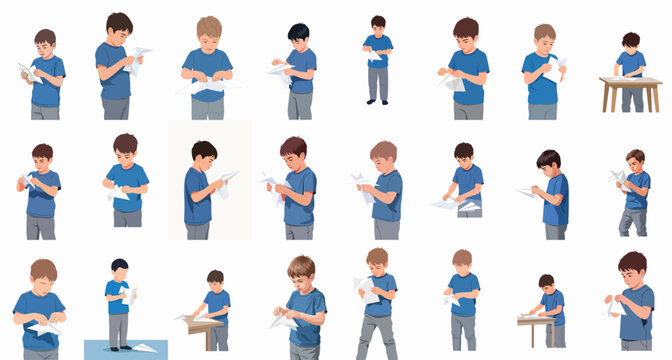 Collection of illustrations showing diverse boys engaged in folding and making paper airplanes, representing childhood creativity, focus, and playful learning.