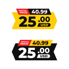 Price before and after modern sale banner with big discount price tag, crossed old price, arrow, and special price. For icon, logo, sign, symbol, tag, stamp, button. Vector illustration