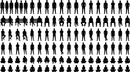 Large set of people silhouettes in standing, sitting and resting poses, human figure collection for crowd scenes, animation, illustration and design projects