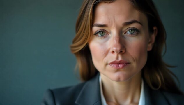 Closeup of a businesswoman with thoughtful expression, hands hidden 