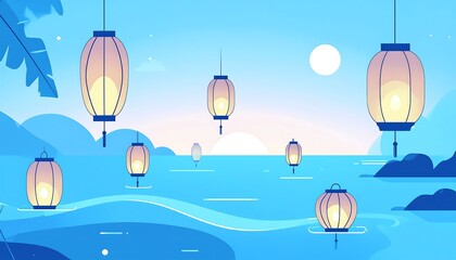 Cartoon ocean at twilight, with glowing paper lanterns floating on gentle waves, under a full moon and palm fronds