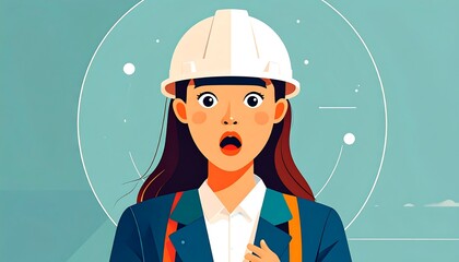 Cartoon image of a woman wearing a hard hat with a surprised expression on a teal geometric background