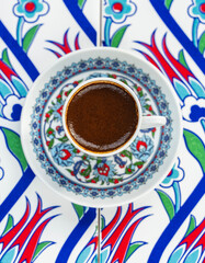 Turkish Coffee in the Colorful Candy and Chocolate, Ramadan Background Photo, Traditional Ottoman Desserts, Turkish Delight and Baklava, &Uuml;sk&uuml;dar Istanbul, Turkiye (Turkey)