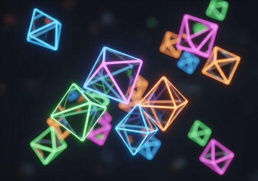 Vibrant neon geometric shapes floating in dark space - Powered by Adobe