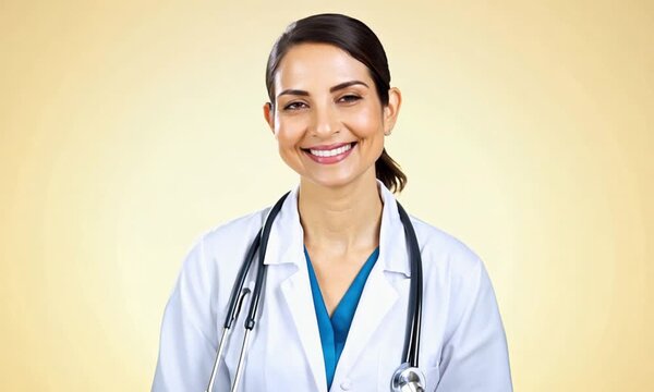 Smiling female doctor in white coat with stethoscope doing bye gesture