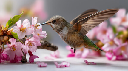 Obraz premium Hummingbird drinking nectar from blossoms, scattered petals, gentle sunlight, serene wildlife scene, nature photography, spring beauty, with copy space
