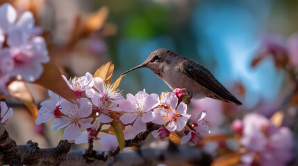Obraz premium Hummingbird drinking nectar from blossoms, scattered petals, gentle sunlight, serene wildlife scene, nature photography, spring beauty, with copy space