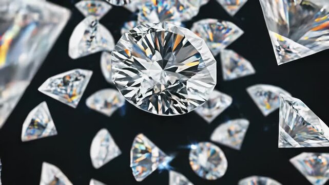 Diamonds falling in various configurations surrounded by smaller diamonds, scattered on a black surface, creating an opulent representation of abundance, luxury, and celebration.