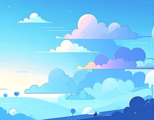 Cartoon landscape featuring rolling hills under a stylized blue sky with puffy clouds and bright, diffused sunlight