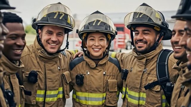 Diverse Group of Firefighters Celebrating Teamwork in Uniform During Daytime