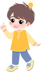 A young boy with a thoughtful expression having an idea represented by a lightbulb above his head