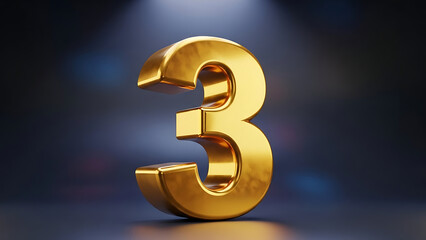 Golden 3D Number Three on Dark Stage with Spotlight