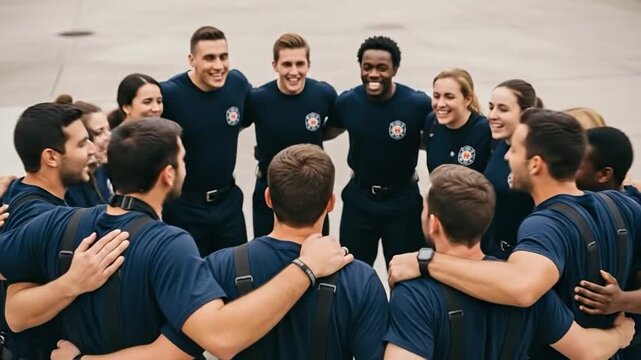 Firefighter Team Gathering for Pre-Mission Prayer and Strategy Session in Uniforms