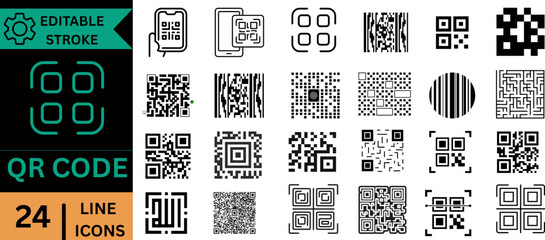 QR Code Line Icons Set &ndash; Editable Stroke Scan Barcode Outline Vector