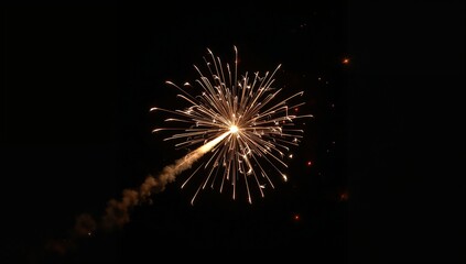 Bottle rocket launches suddenly with whistle exploding midair into small bright colorful flashes