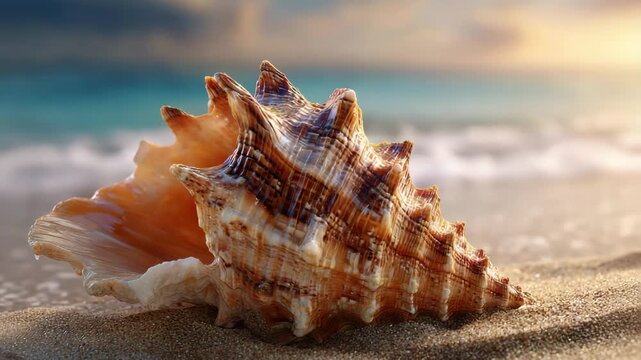 Large conch shell on sandy beach at sunset