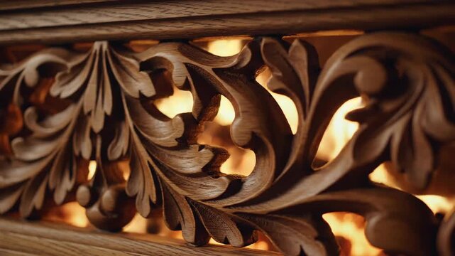 Intricate wood carving with golden firelight glow, showcasing masterful craftsmanship and warmth within a cozy interior.