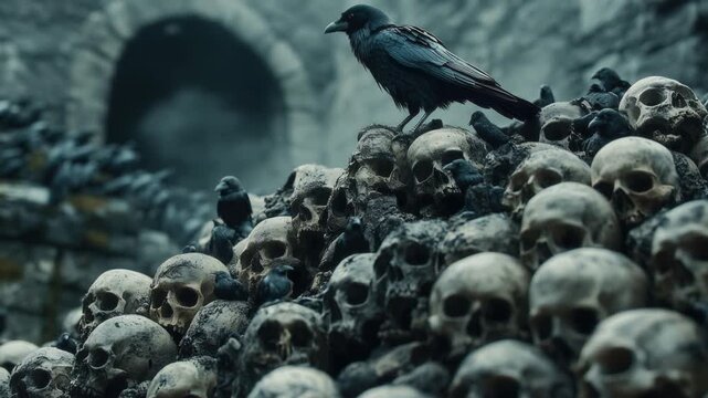 Skulls on a mountain with a raven.