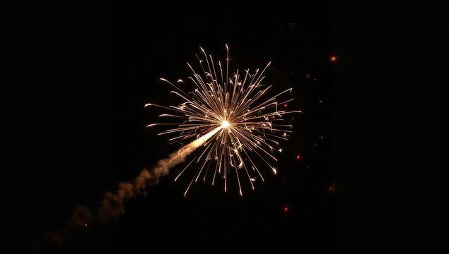 Bottle rocket launches suddenly with whistle exploding midair into small bright colorful flashes