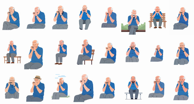 Collection of senior men illustrations sitting and playing the harmonica, showing retirement, musical talent, and leisure activities in various poses.