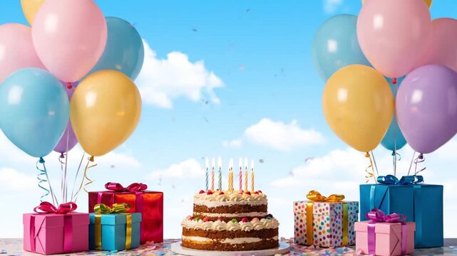 vertical festive birthday illustration with floating pastel balloons layered depth central sky view with clouds multitiered cake glowing candles pastel gift boxes confetti soft diffused lighting playf