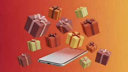 Online Shopping & Digital Gifting: Smartphone with Levitation Gift Boxes on Vibrant Gradient Background