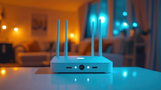 Blue Wi-Fi router on a table in a cozy home.