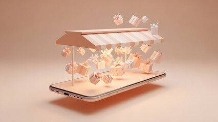 Mobile E-commerce: Smartphone with Digital Shop Awning and Floating Gift Boxes for Online Shopping & Delivery