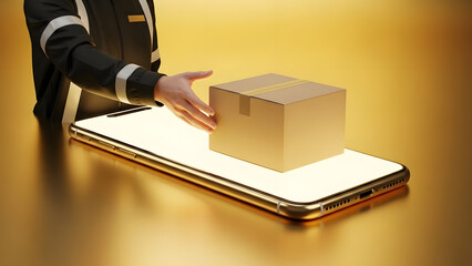 E-commerce Delivery Concept: Hand Places Package on Illuminated Smartphone Screen, Online Shopping
