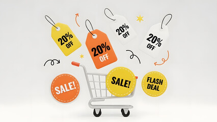 3D Shopping Cart with Assorted Sale, 20% Off Discount Tags, and Flash Deal Promotion