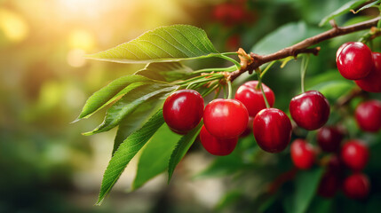 Obraz premium Glossy red cherries on branch, sunlit leaves, serene summer orchard, fresh fruit, seasonal harvest photography, with copy space