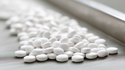 A conveyor belt in a sterile environment transports white pills, showcasing the precision and cleanliness of the pharmaceutical manufacturing process, highlighting efficiency and safety