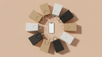 Mobile shopping concept: Blank smartphone screen surrounded by diverse retail bags on a beige background