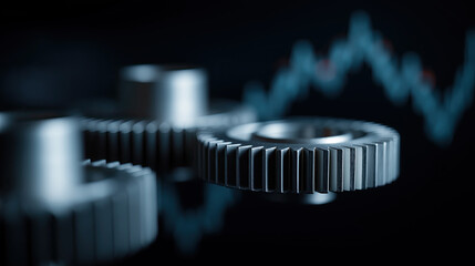 Shiny interlocking gears float before blurry rising financial graph representing progress.