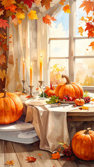 dinner table setting with autumn harvest, 