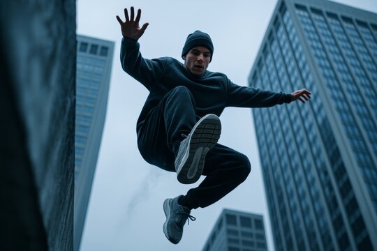 Athletic man jumps between rooftops during parkour move, captured in dramatic low-angle style with skyscrapers in background. Concept of freedom. Ai generative