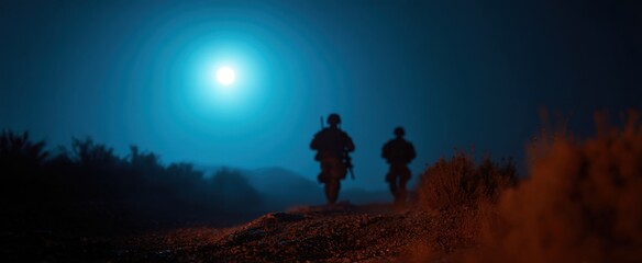 Obraz premium Night operation training with soldiers stealthily advancing across rugged and shadowy terrain