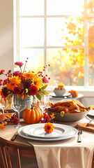 dinner table setting with autumn harvest, 