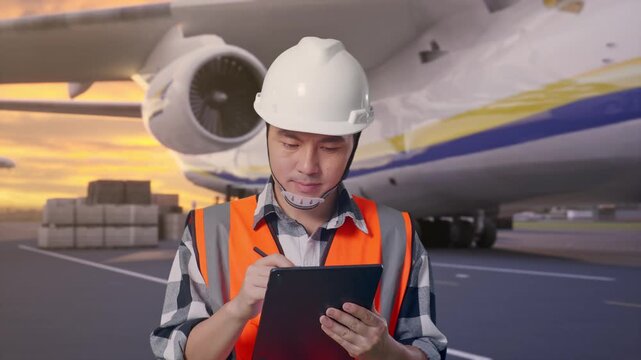 Front View of Asian Male Engineer Taking Note on Tablet While Walking with Massive Cargo Aircraft Loading Freight at Airport During Golden Hour Sunset