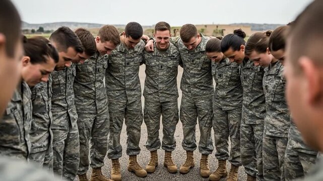 Military Soldiers Engaged in Prayerful Group Moment During Training Exercise