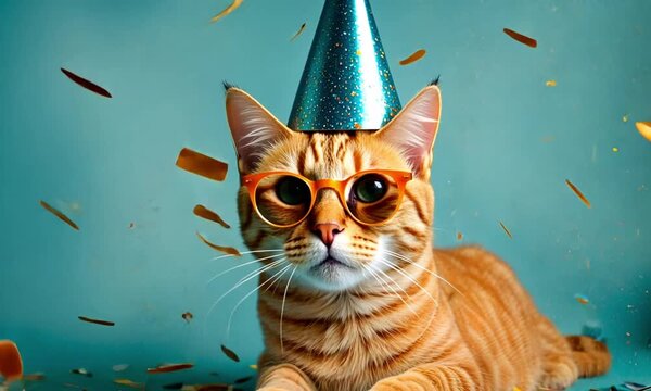 Birthday cat celebration concept. Cute ginger cat wearing party hat and sunglasses amidst confetti