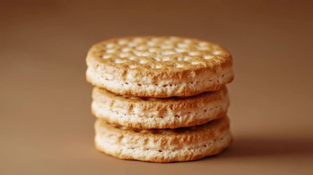 A stack of oat biscuits with a golden brown crust on a wooden surface.