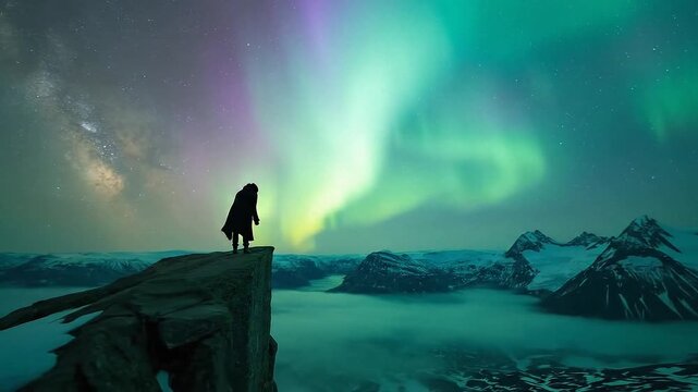 Person standing on cliff edge with arms raised under vibrant aurora borealis